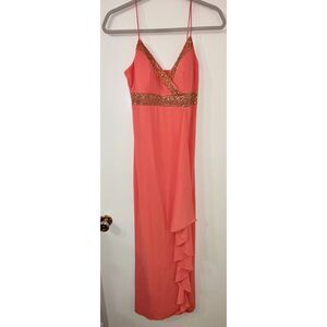Vintage Y2K De Laru 7/8 Peach Spaghetti Strap Gold Sequined Layered Ruffled Gown